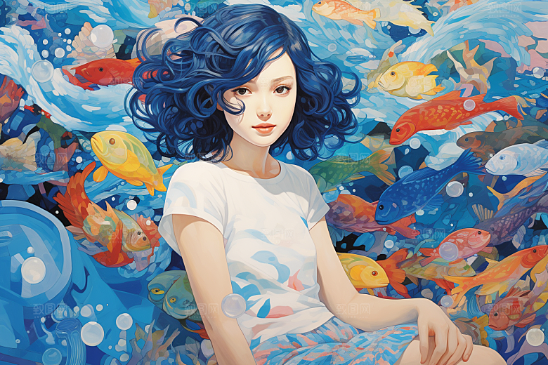 多巴胺女孩手绘彩色插画