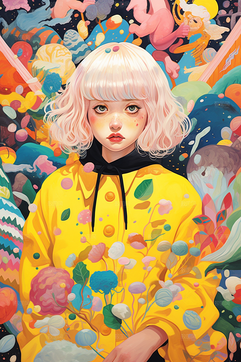 多巴胺女孩艺术感彩色插画