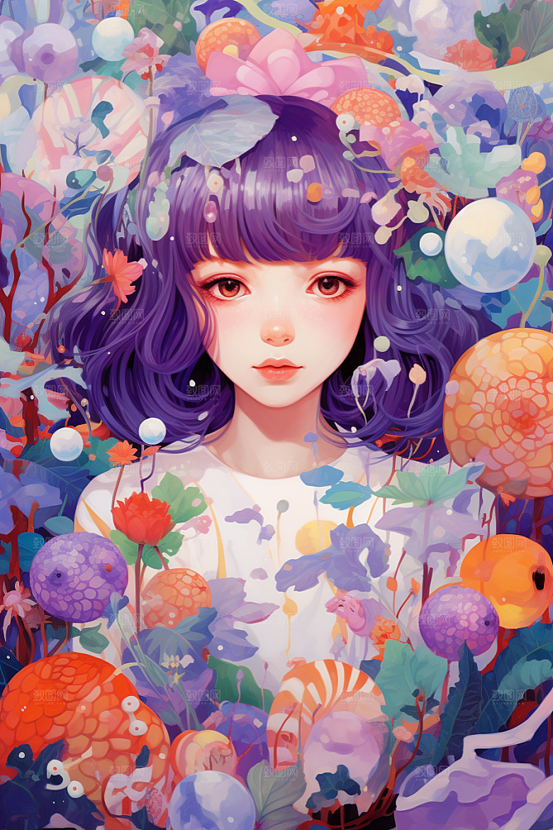 多巴胺女孩彩色手绘插画
