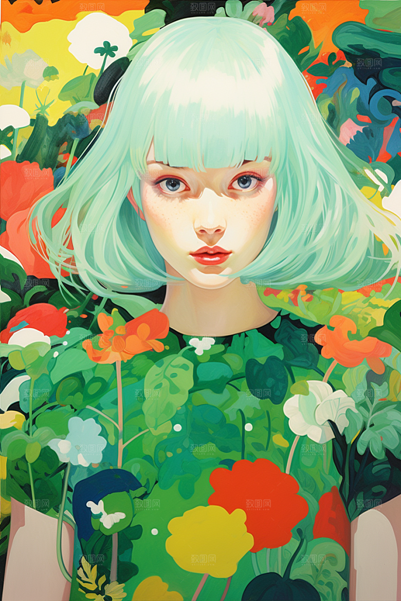 多巴胺女孩彩色可爱插画