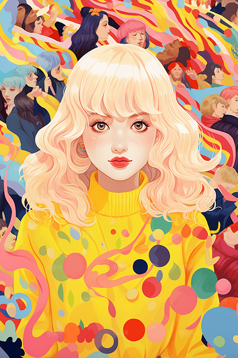 多巴胺女孩艺术感彩色插画