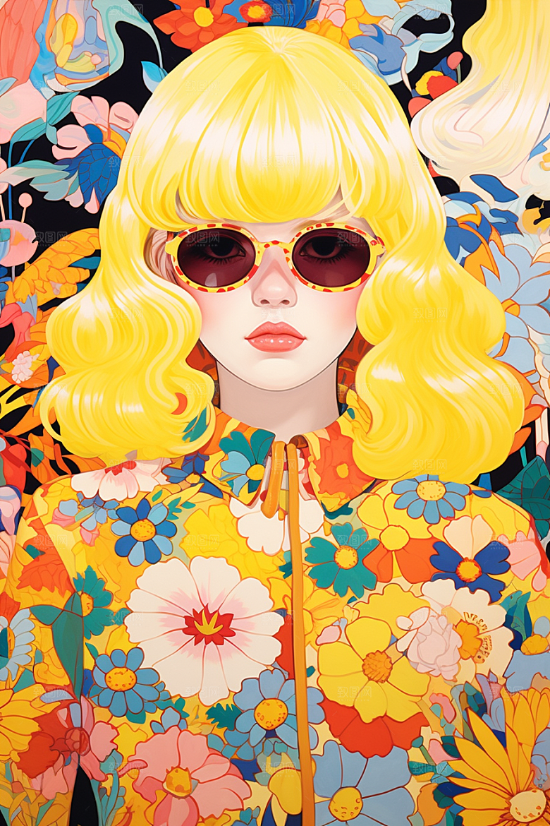 多巴胺女孩少女五彩斑斓插画