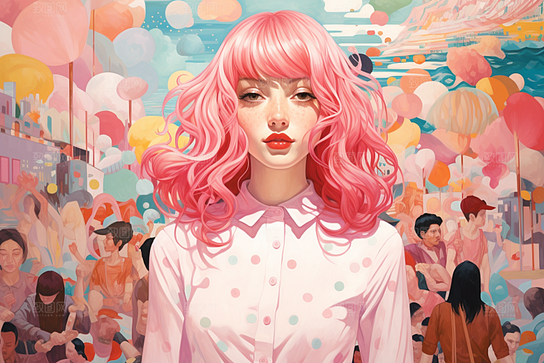 多巴胺女孩彩色手绘插画