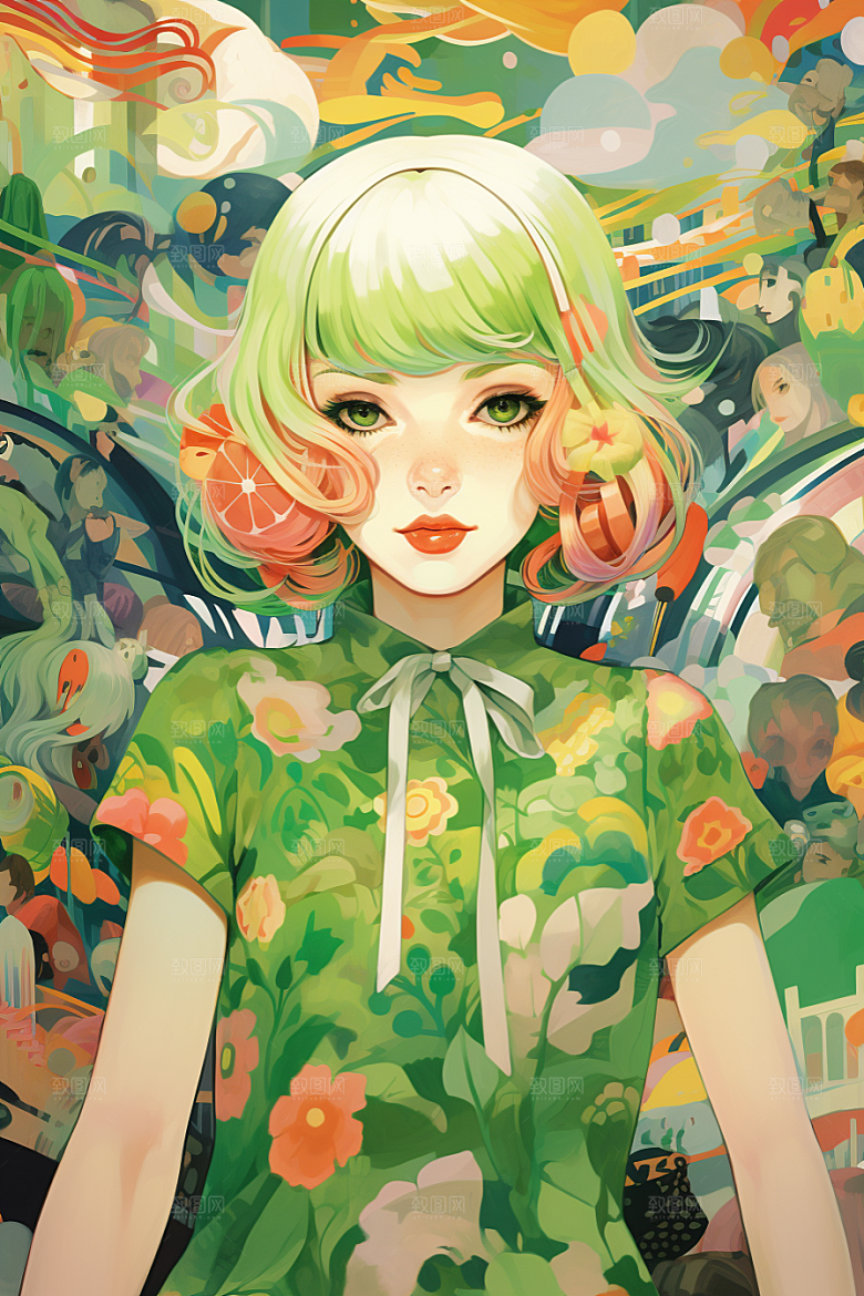 多巴胺女孩彩色可爱插画
