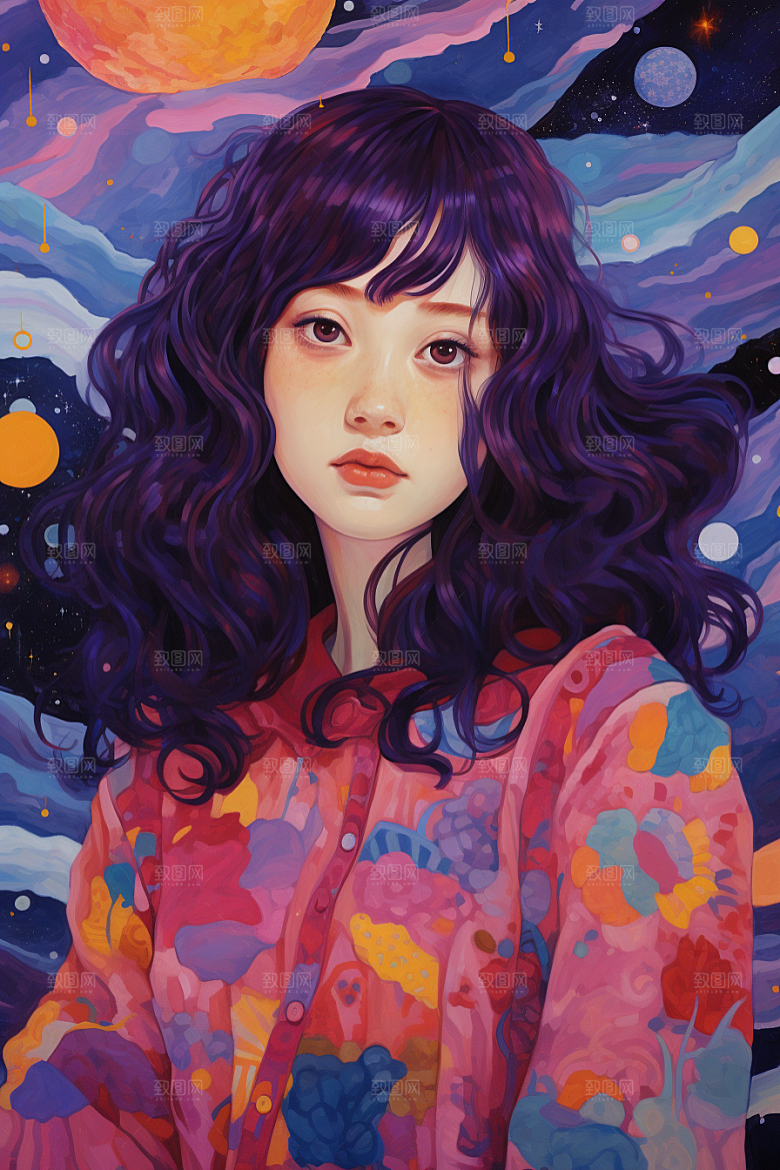 多巴胺女孩手绘彩色插画