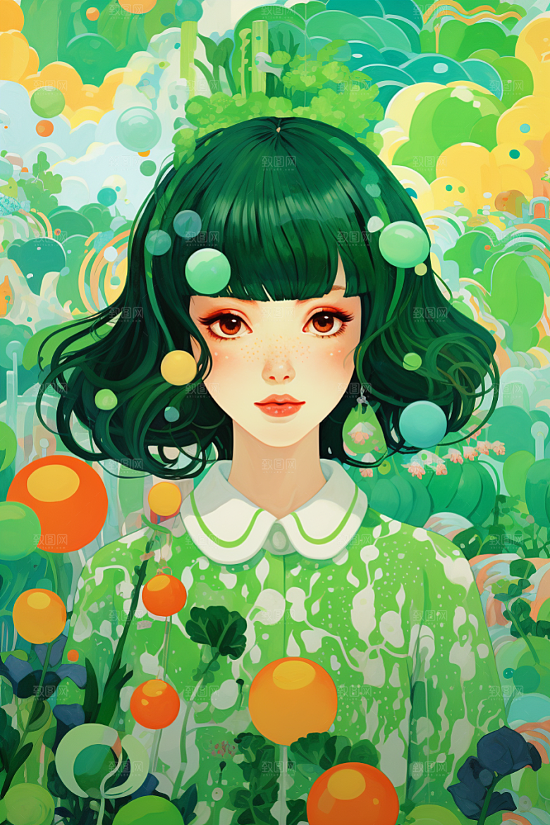 多巴胺女孩少女手绘插画