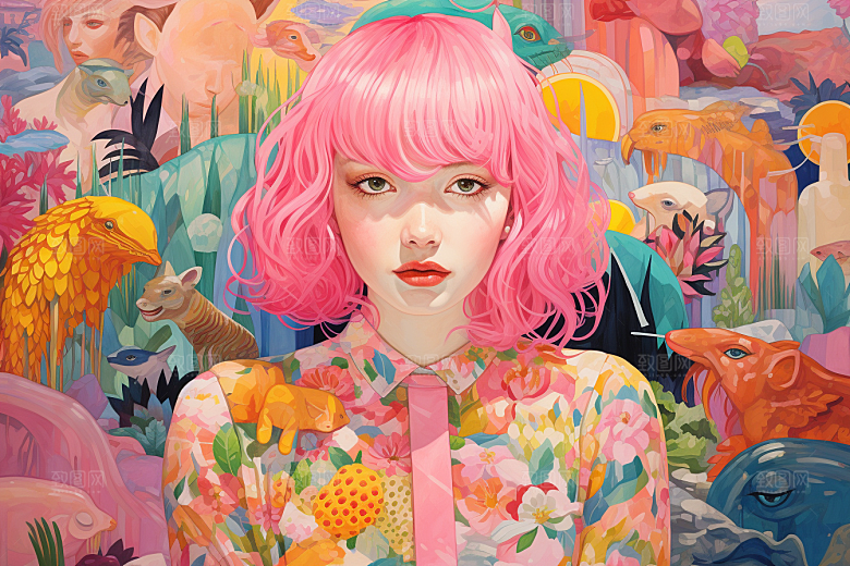多巴胺女孩彩色手绘插画