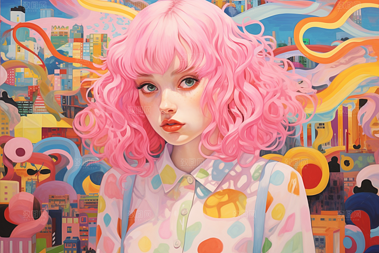 多巴胺女孩五彩斑斓彩色插画