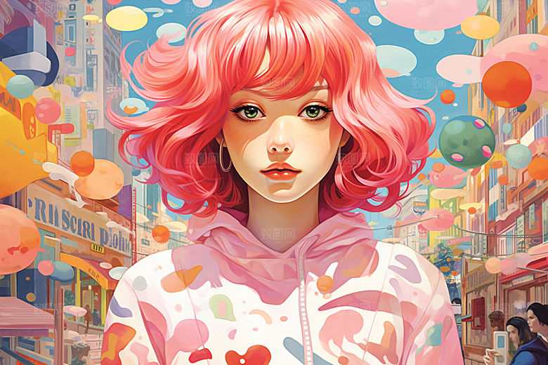 多巴胺女孩五彩斑斓缤纷插画
