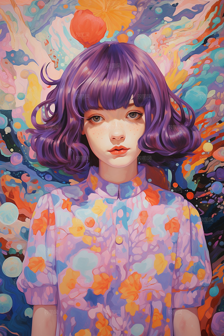 多巴胺女孩手绘五彩斑斓插画