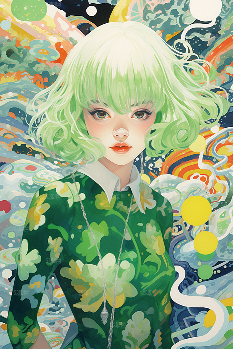 多巴胺女孩手绘彩色插画