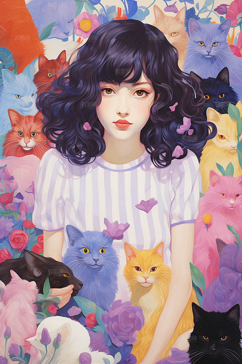 多巴胺女孩彩色手绘插画