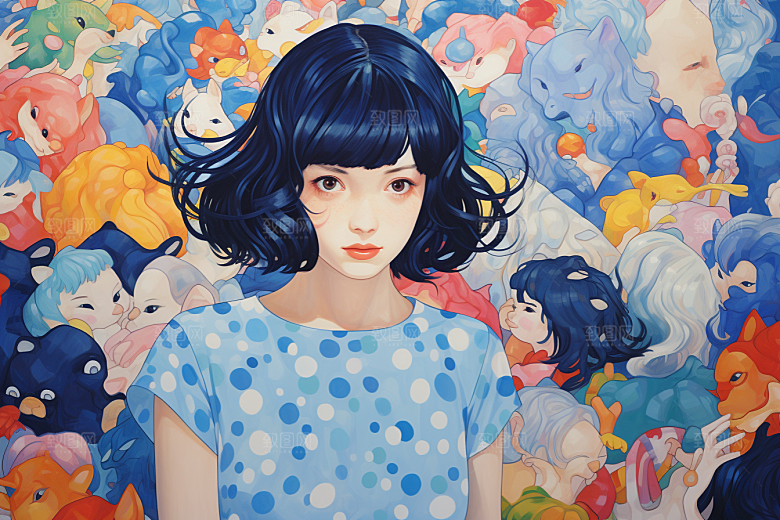 多巴胺女孩手绘彩色插画
