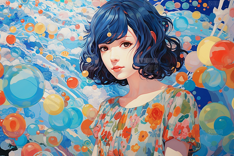 多巴胺女孩彩色五彩斑斓插画