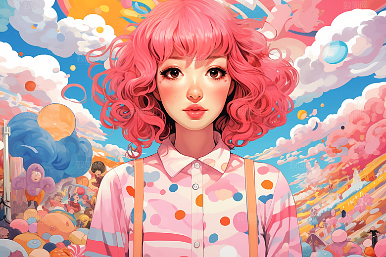 多巴胺女孩五彩斑斓形象插画