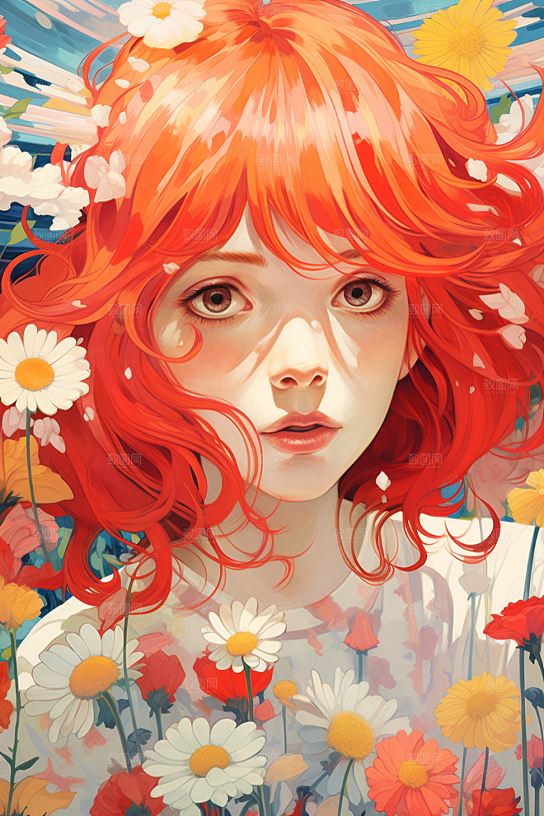 多巴胺女孩手绘彩色插画