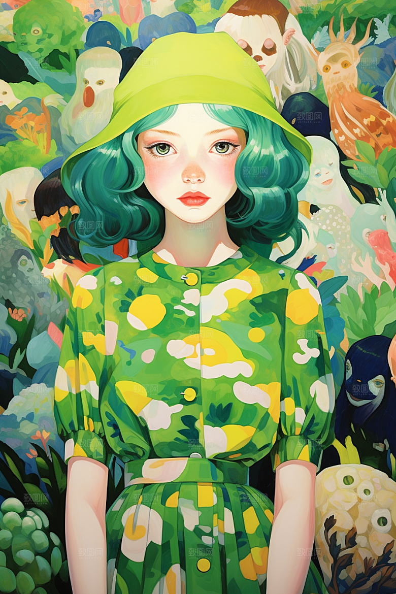 多巴胺女孩艺术感彩色插画