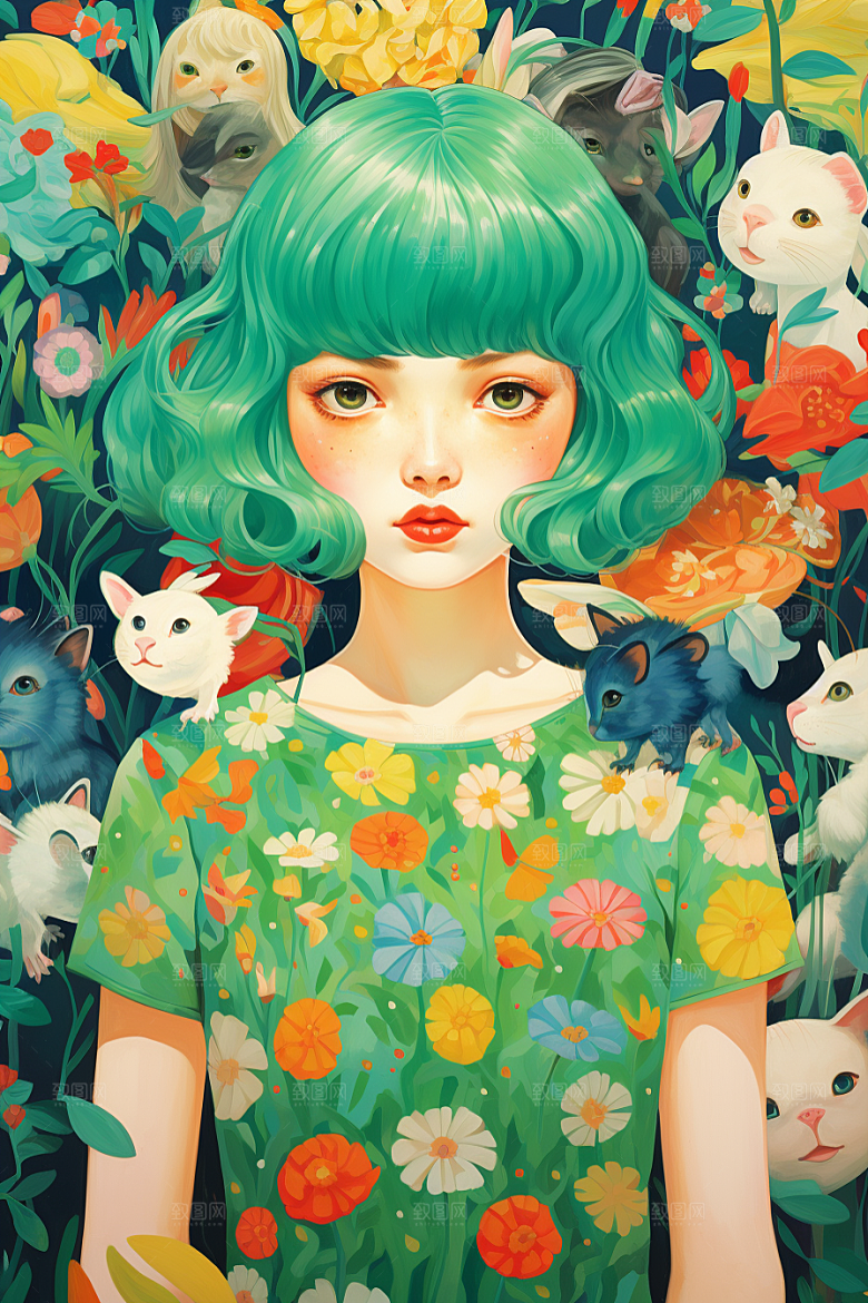 多巴胺女孩五彩斑斓彩色插画