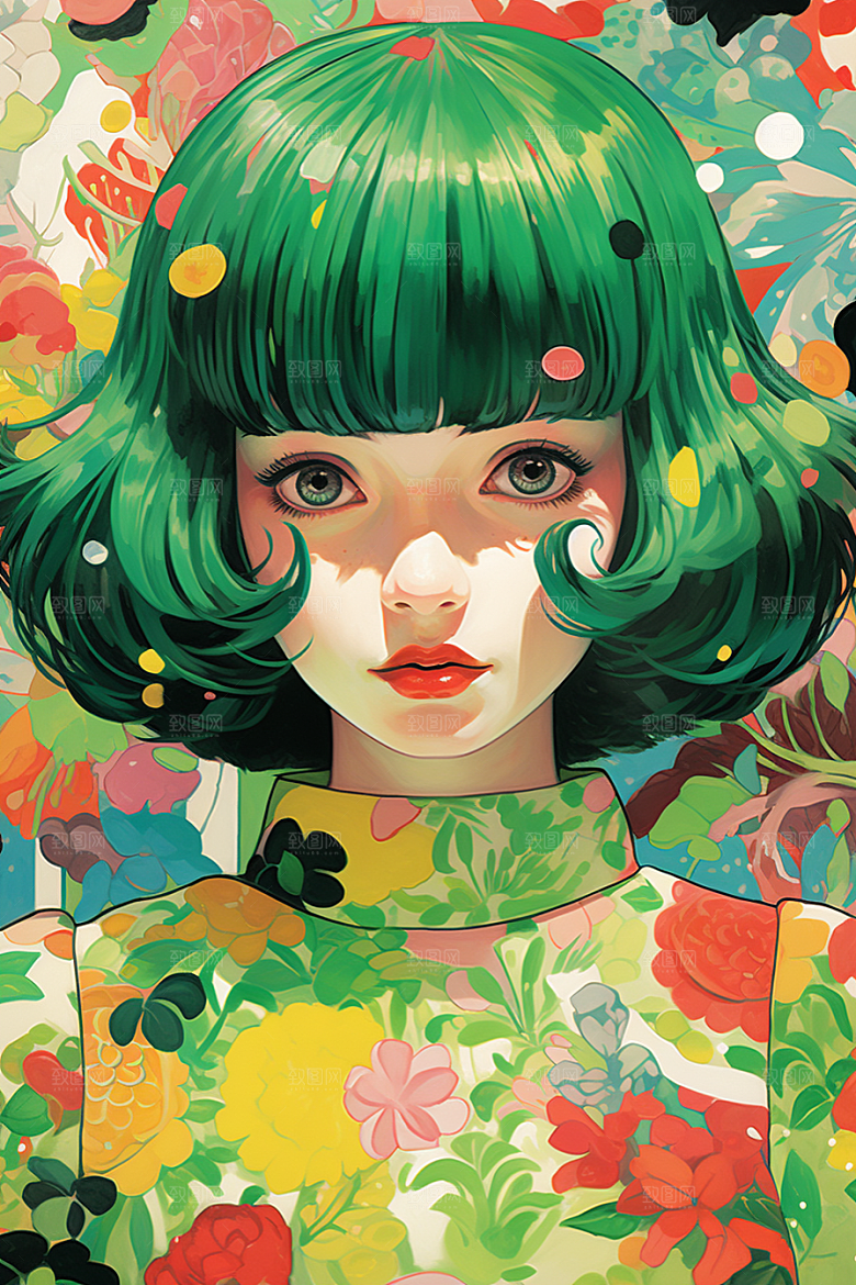 多巴胺女孩手绘彩色插画