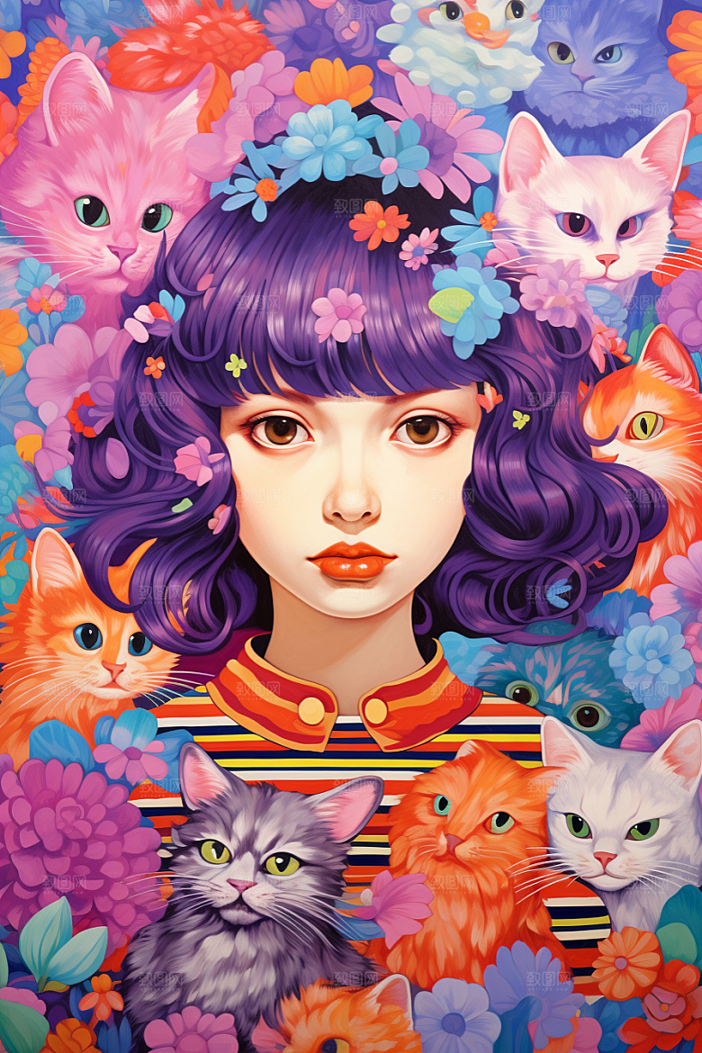 多巴胺女孩五彩斑斓缤纷插画