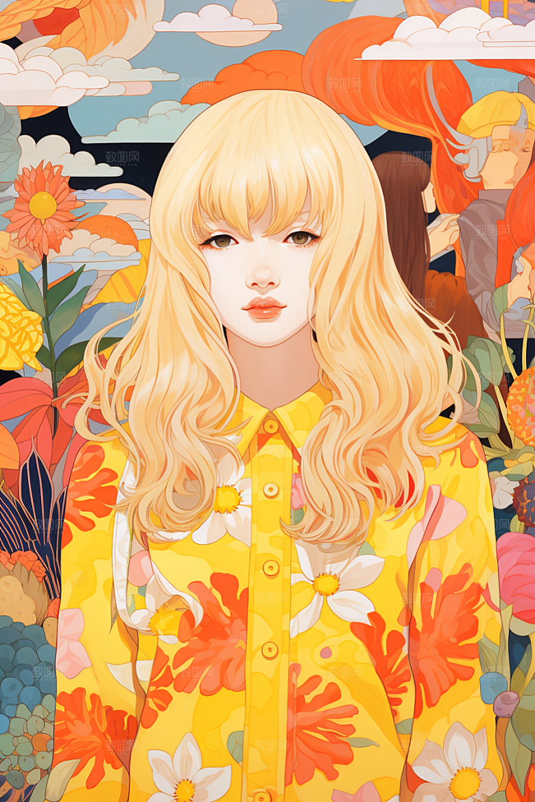多巴胺女孩艺术感五彩斑斓插画