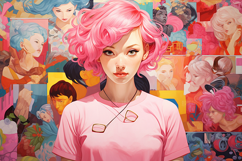 多巴胺女孩手绘五彩斑斓插画