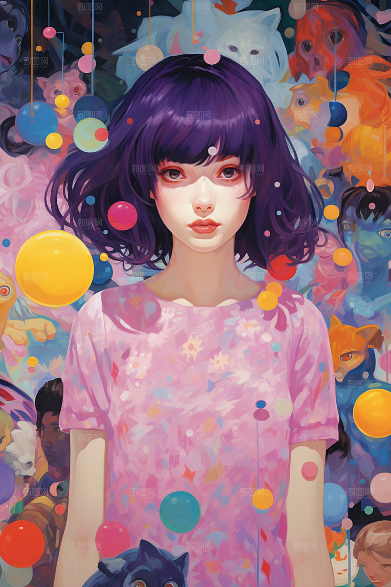 多巴胺女孩缤纷艺术感插画