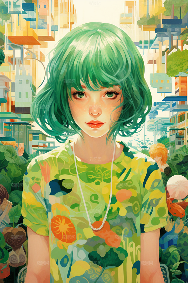 多巴胺女孩艺术感彩色插画