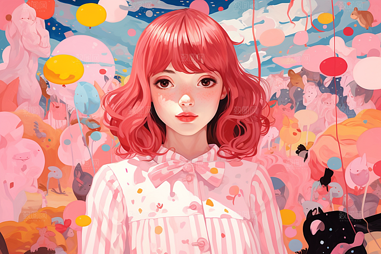 多巴胺女孩艺术感彩色插画