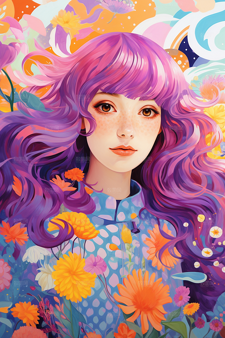 多巴胺女孩五彩斑斓形象插画