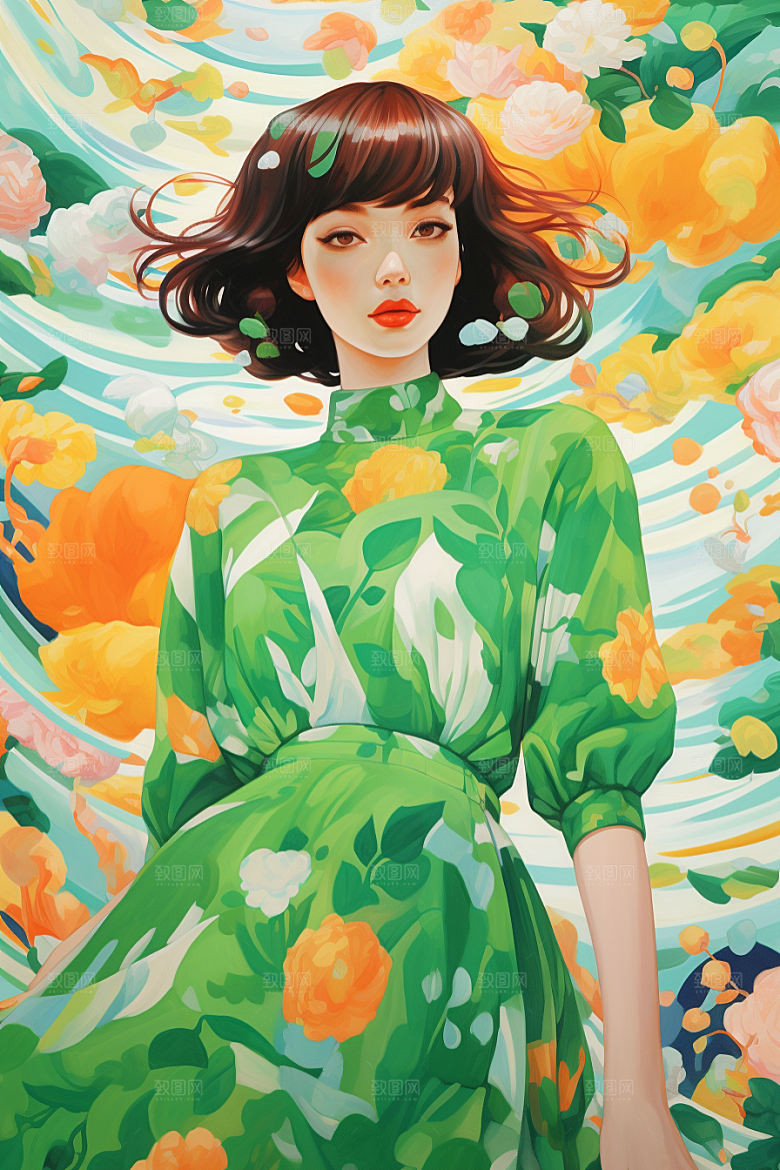 多巴胺女孩五彩斑斓彩色插画