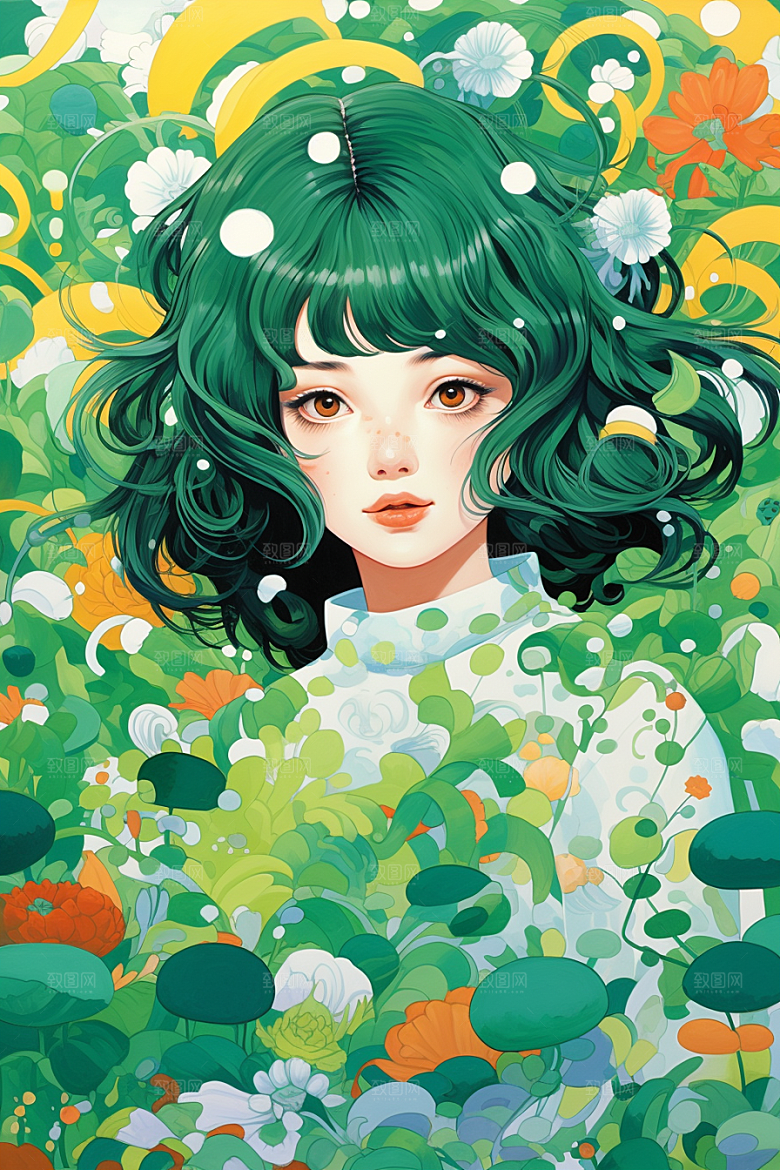 多巴胺女孩手绘彩色插画