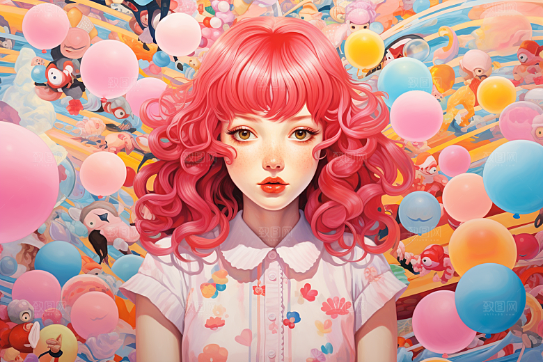 多巴胺女孩手绘艺术感插画
