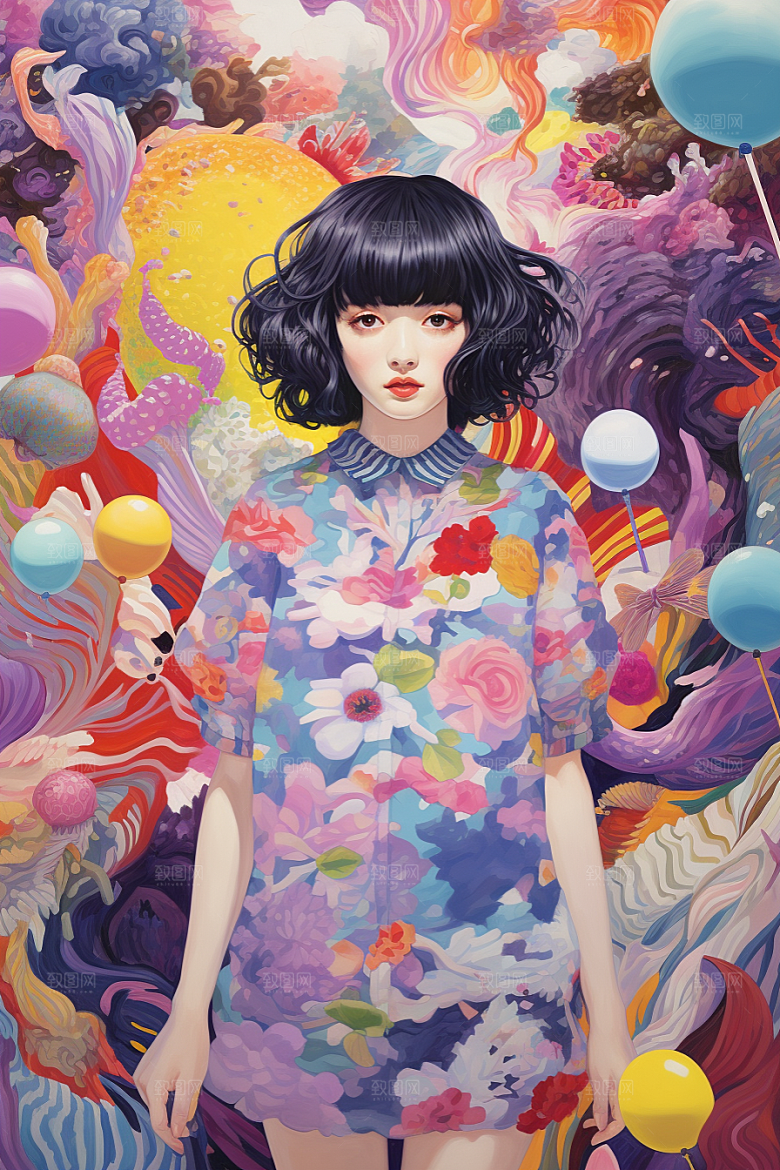 多巴胺女孩缤纷彩色插画