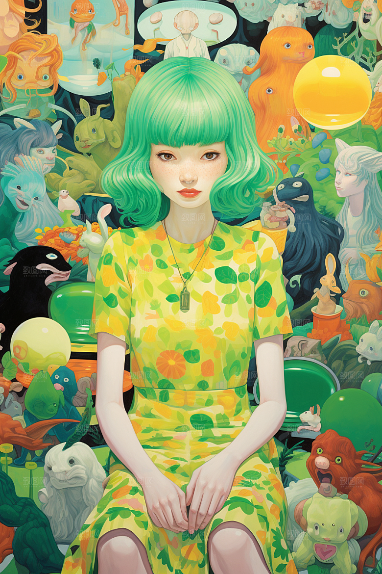 多巴胺女孩五彩斑斓高清插画