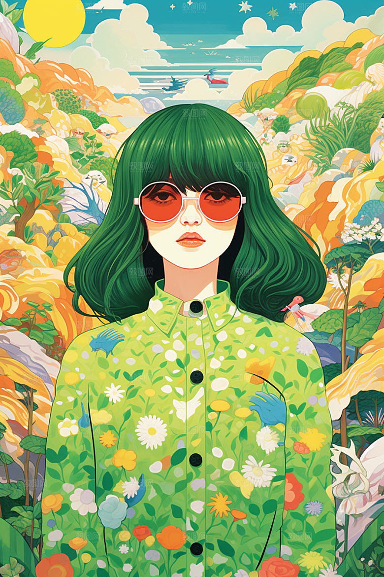 多巴胺女孩五彩斑斓彩色插画