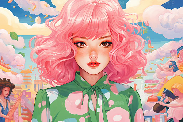 多巴胺女孩手绘艺术感插画