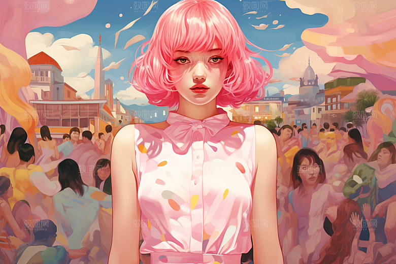 多巴胺女孩可爱手绘插画