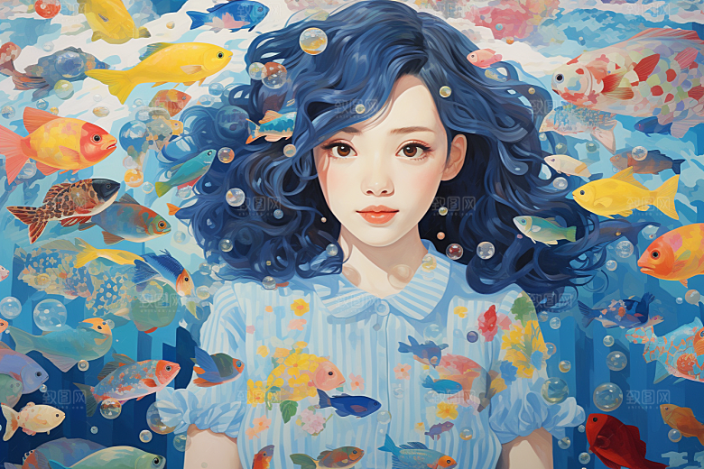 多巴胺女孩五彩斑斓手绘插画