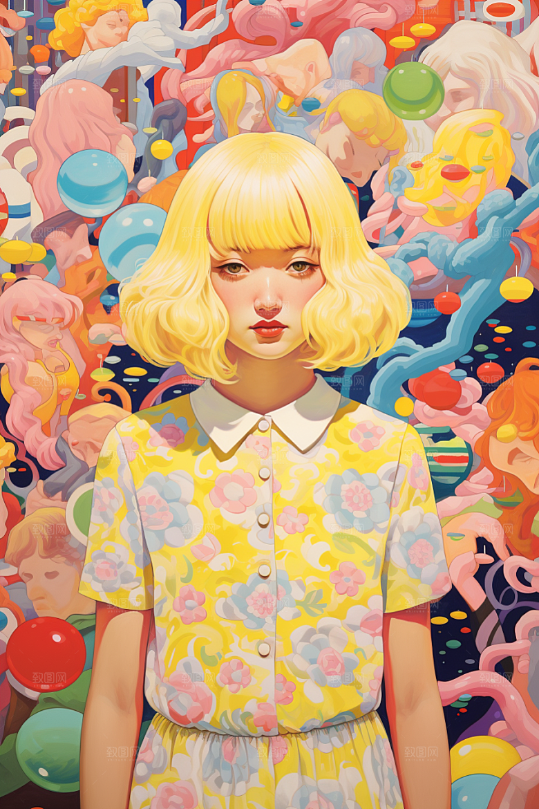 多巴胺女孩艺术感少女插画