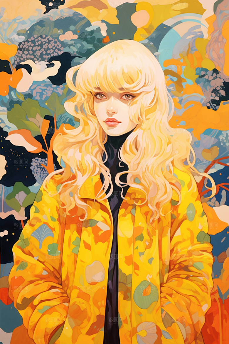 多巴胺女孩形象五彩斑斓插画