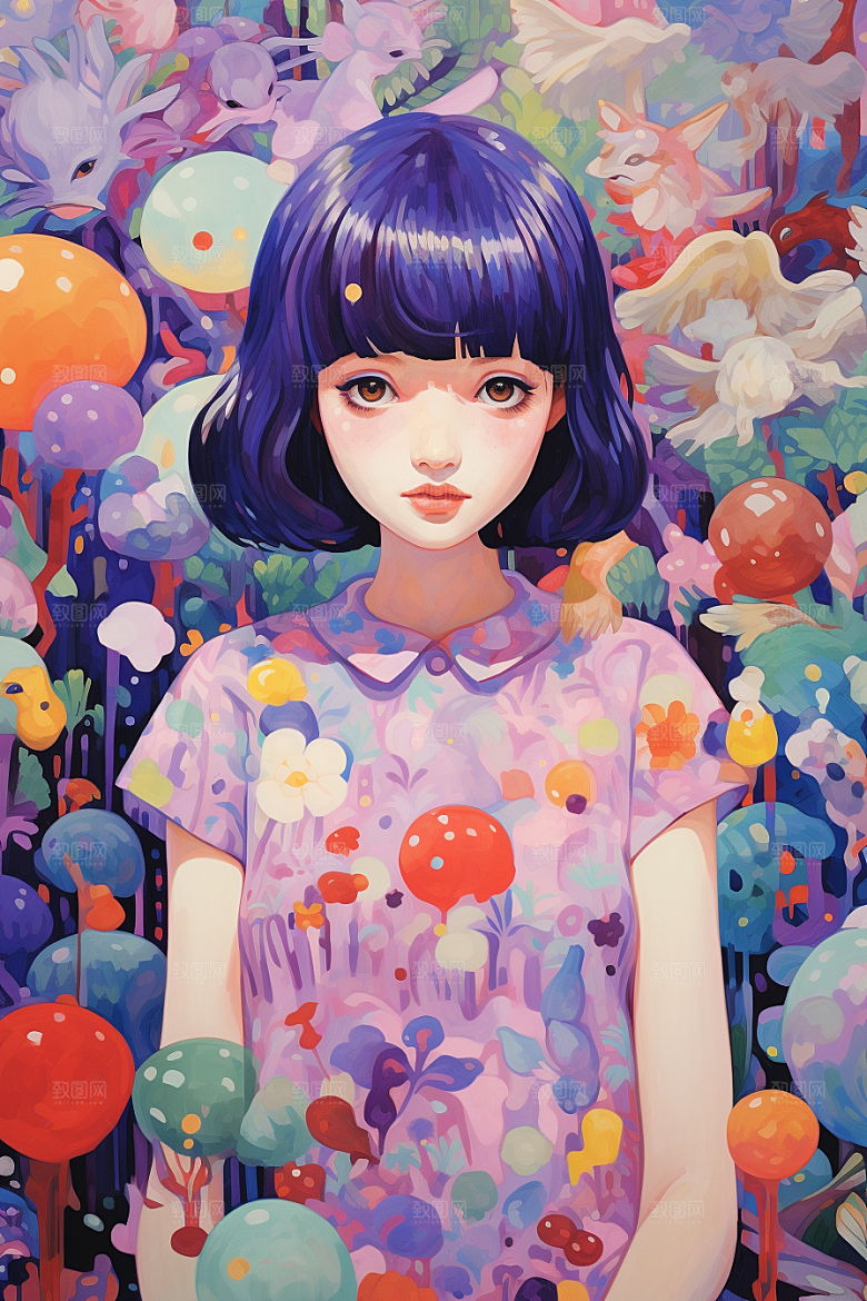 多巴胺女孩手绘艺术感插画
