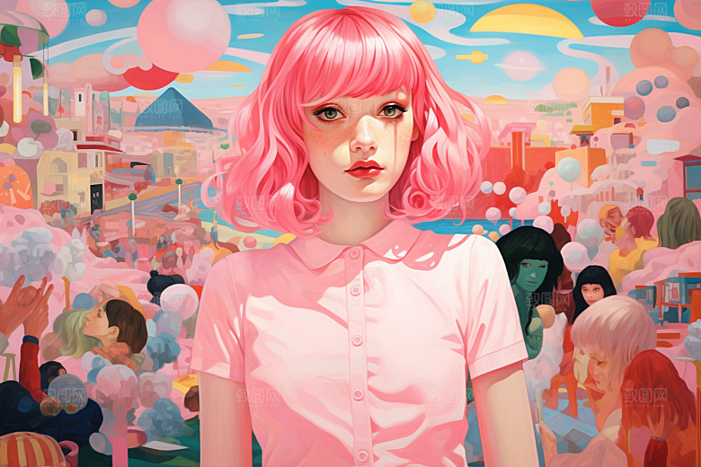 多巴胺女孩五彩斑斓缤纷插画