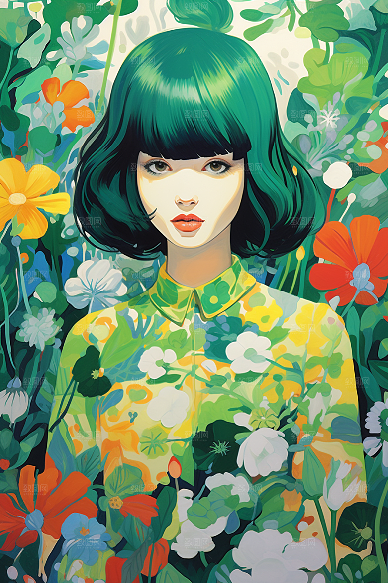 多巴胺女孩五彩斑斓手绘插画