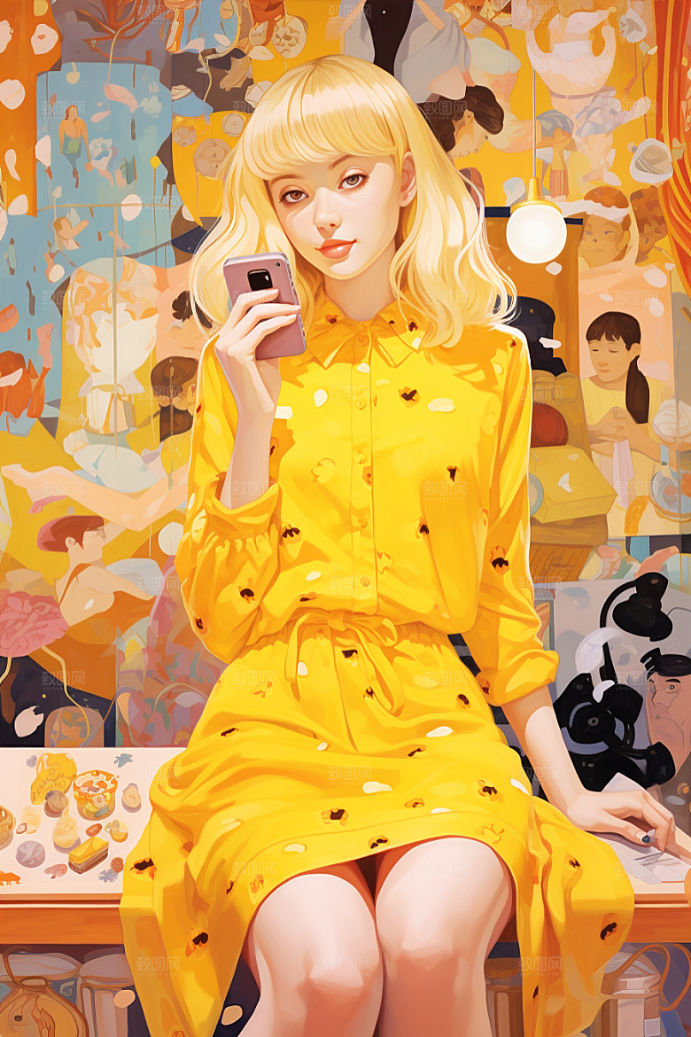 多巴胺女孩缤纷五彩斑斓插画