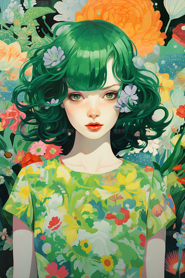 多巴胺女孩五彩斑斓形象插画