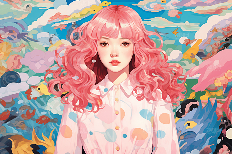 多巴胺女孩五彩斑斓手绘插画