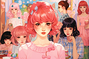 多巴胺女孩缤纷五彩斑斓插画