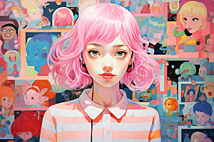 多巴胺女孩少女手绘插画