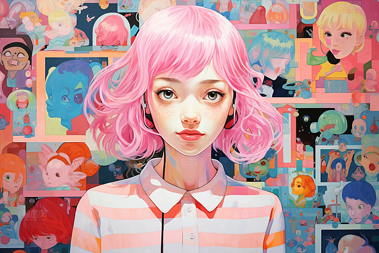 多巴胺女孩少女手绘插画